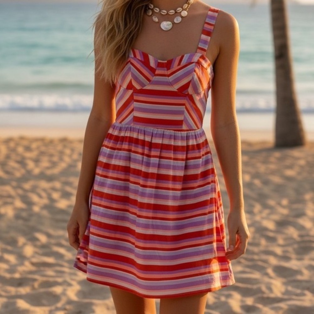 Harlyn Bustier Mini Dress Orange Purple Stripe Sundress Preppy Beachy Size S